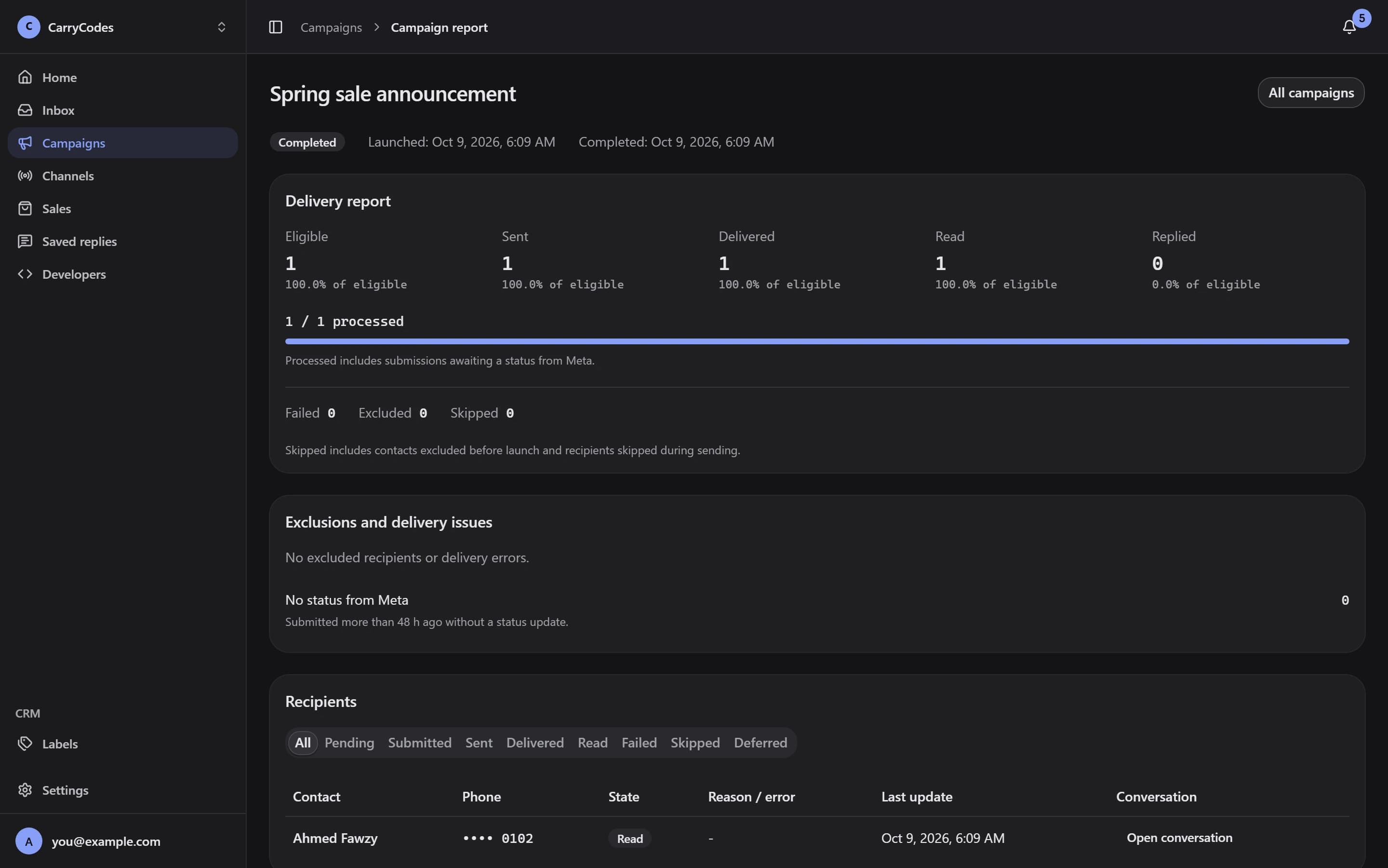 Campaign Delivery report with the Eligible to Replied funnel and recipient results