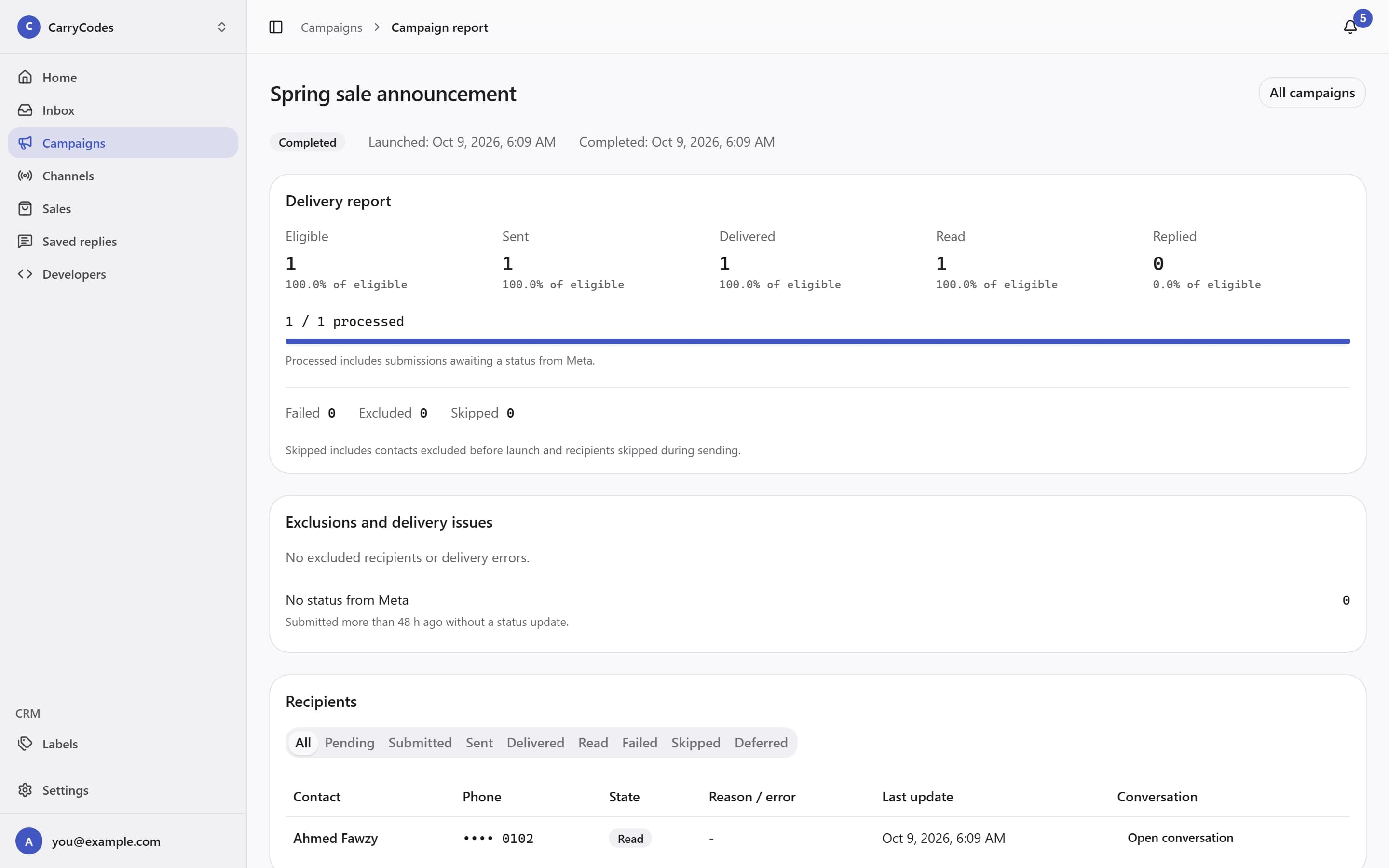 Campaign Delivery report with the Eligible to Replied funnel and recipient results
