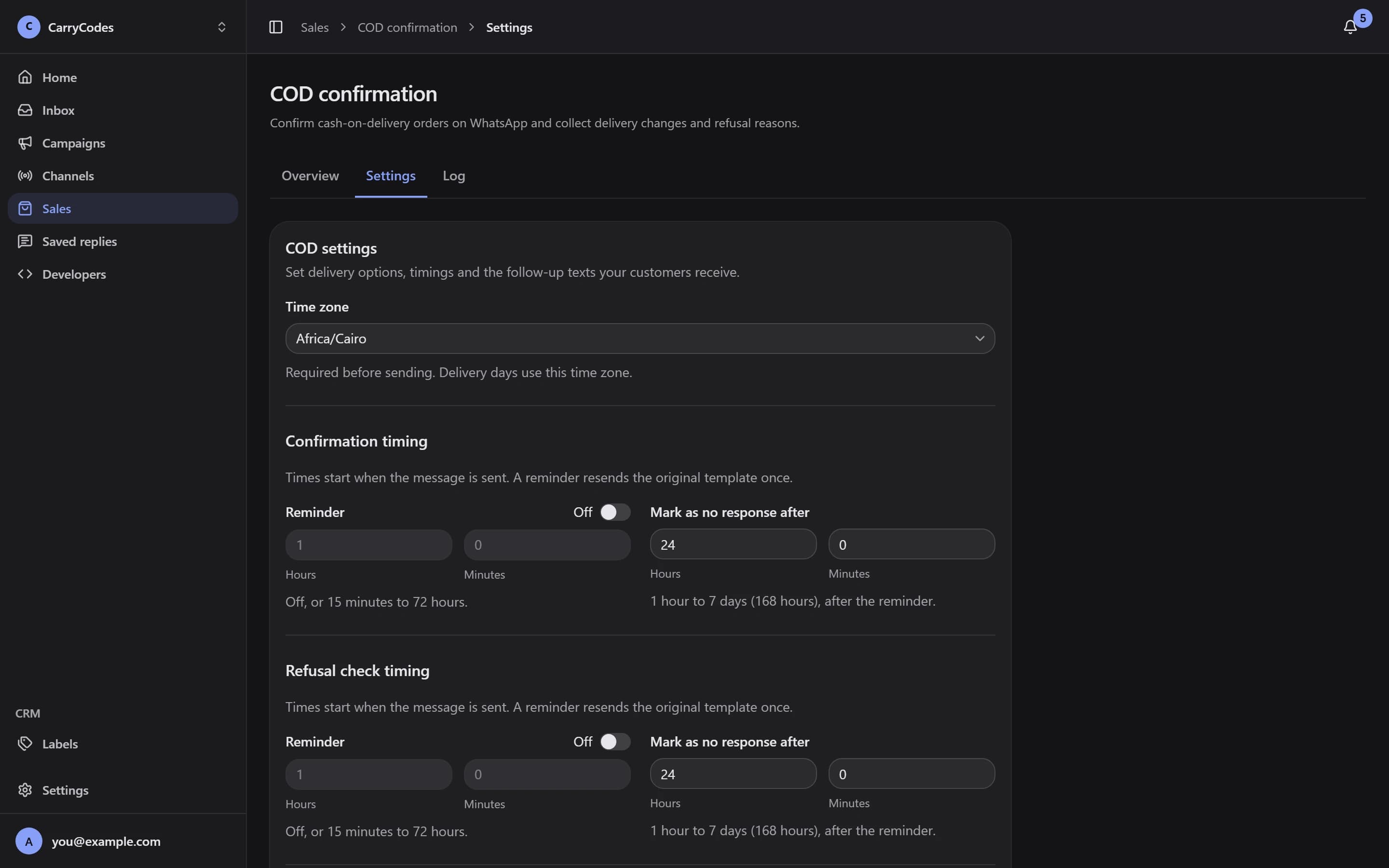 COD settings showing reminder timing and delivery options
