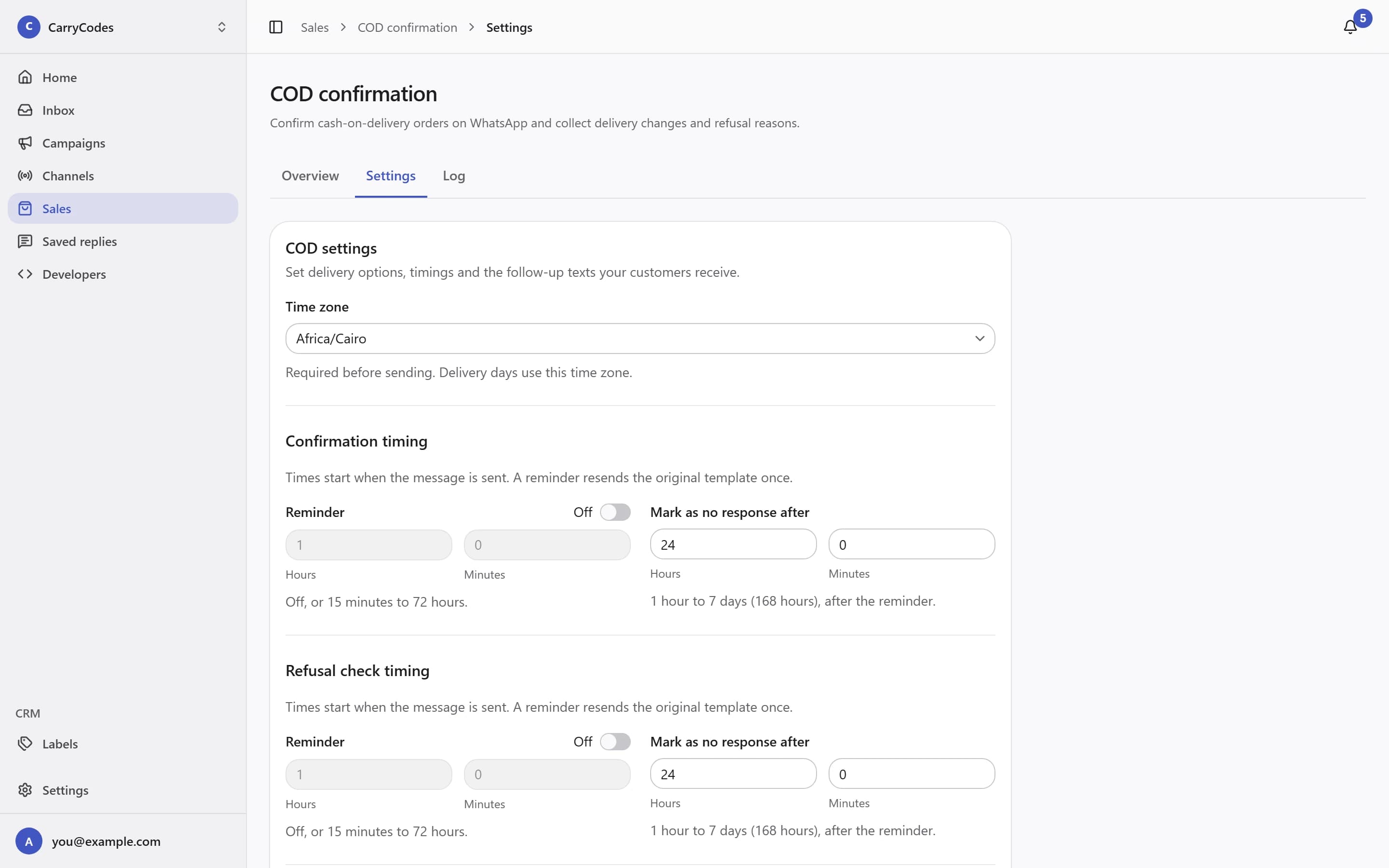 COD settings showing reminder timing and delivery options