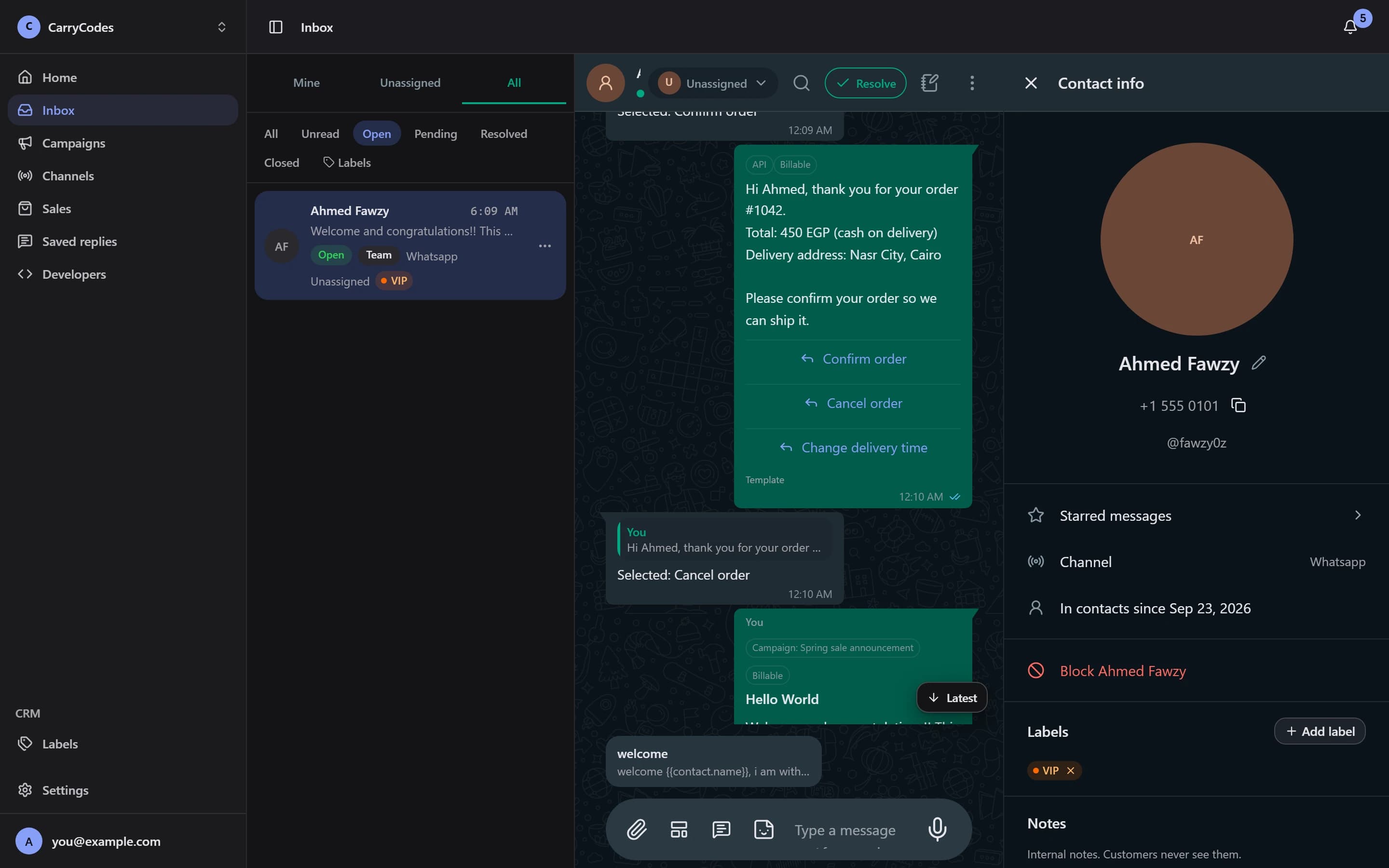 Watification team inbox: customer conversations, assignment, and contact details