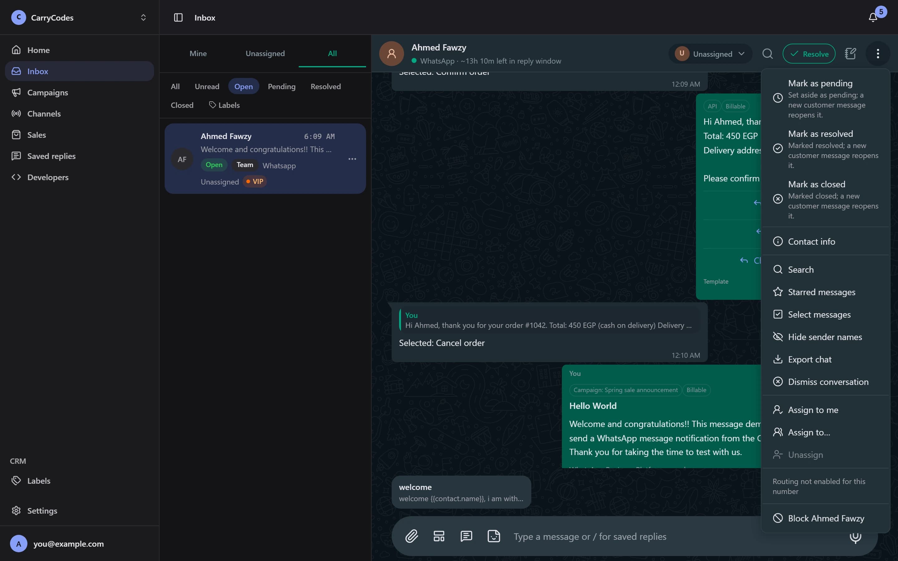 Inbox showing conversation queues, Assign to me, and Resolve