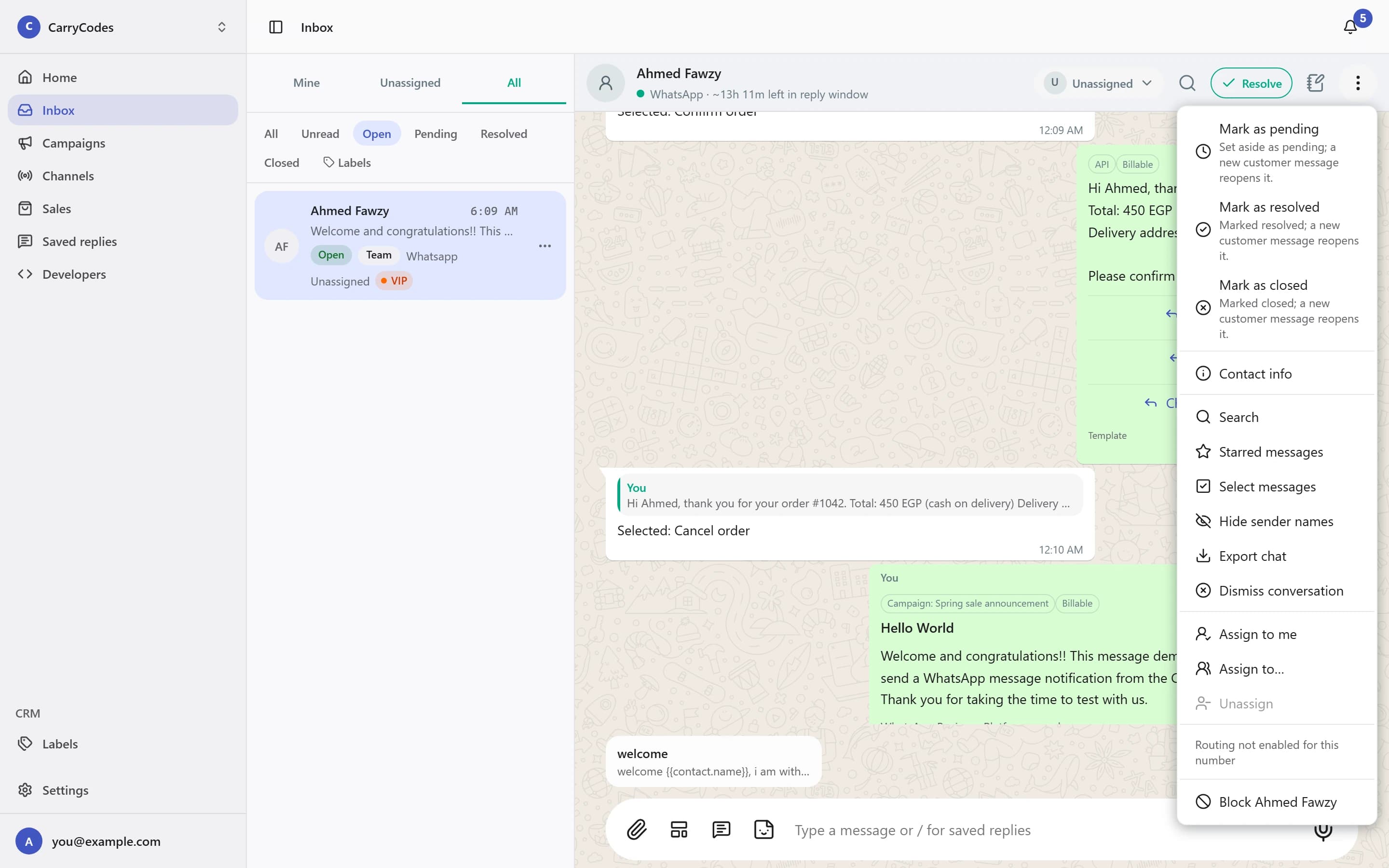 Inbox showing conversation queues, Assign to me, and Resolve