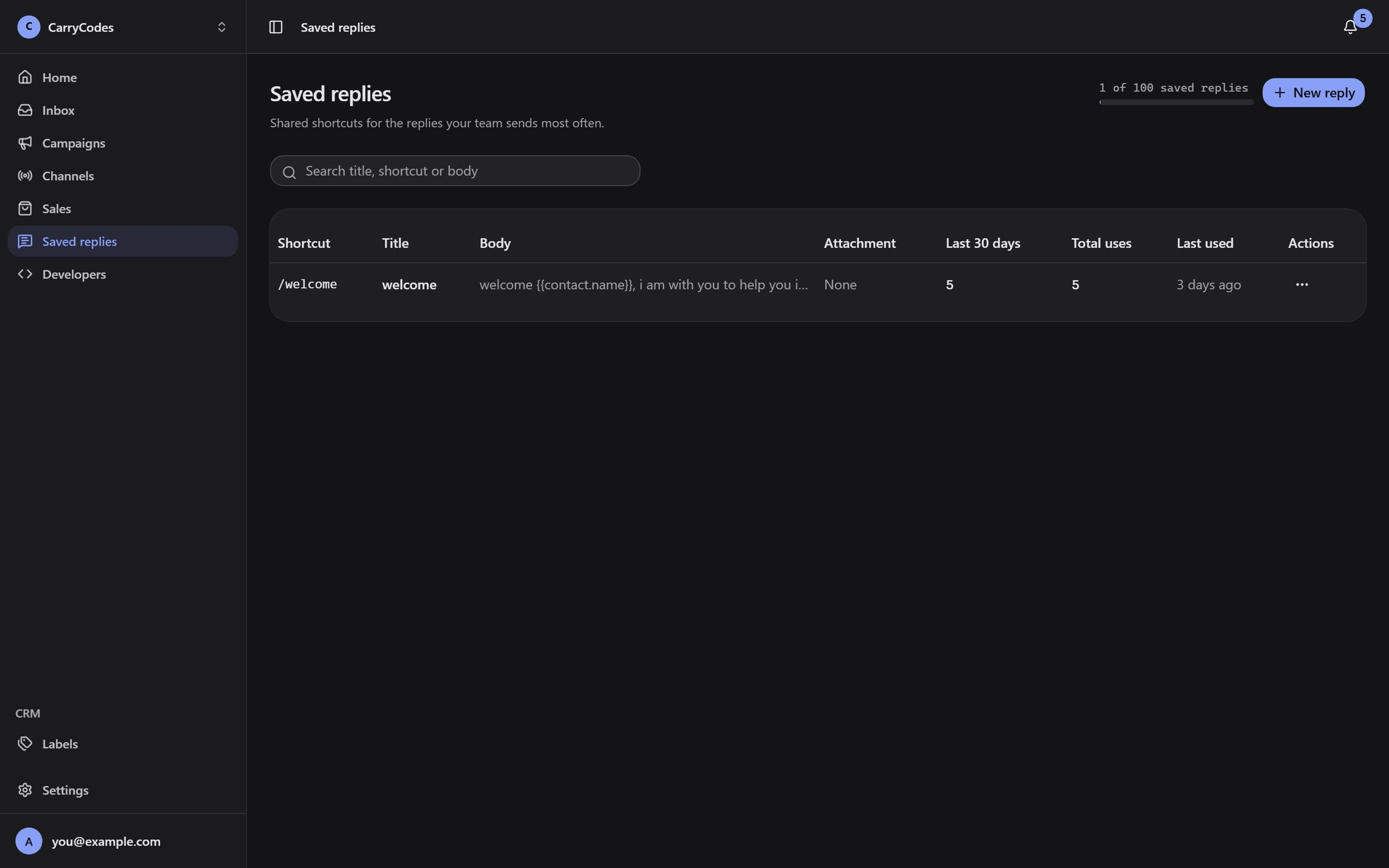 Shared Saved replies library with shortcuts and variables