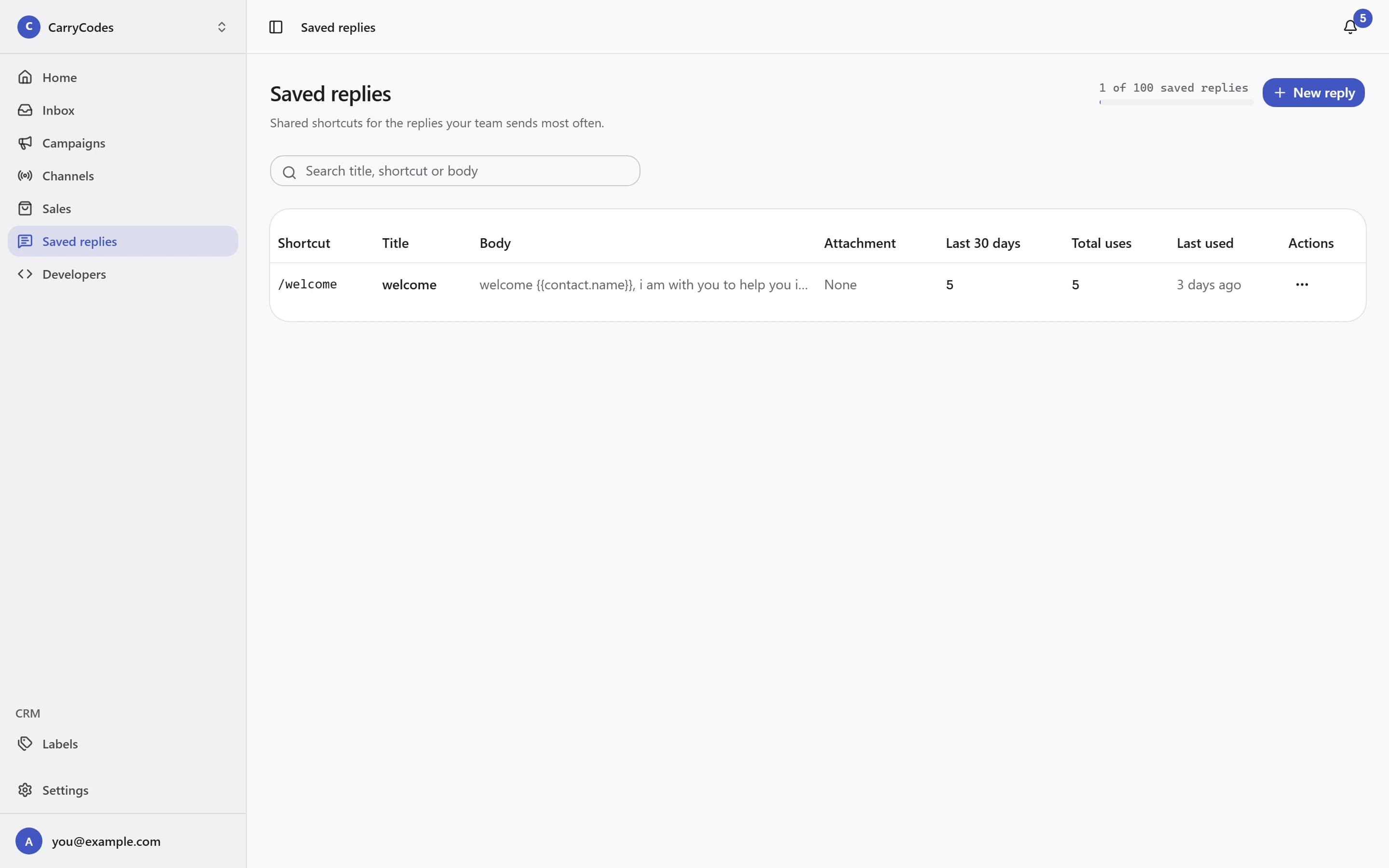 Shared Saved replies library with shortcuts and variables