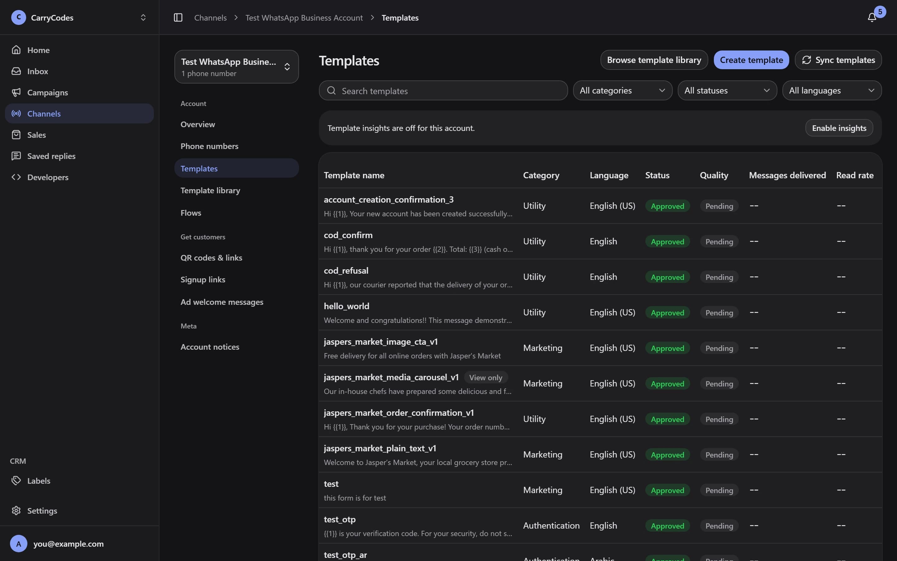 Template library showing categories and review statuses