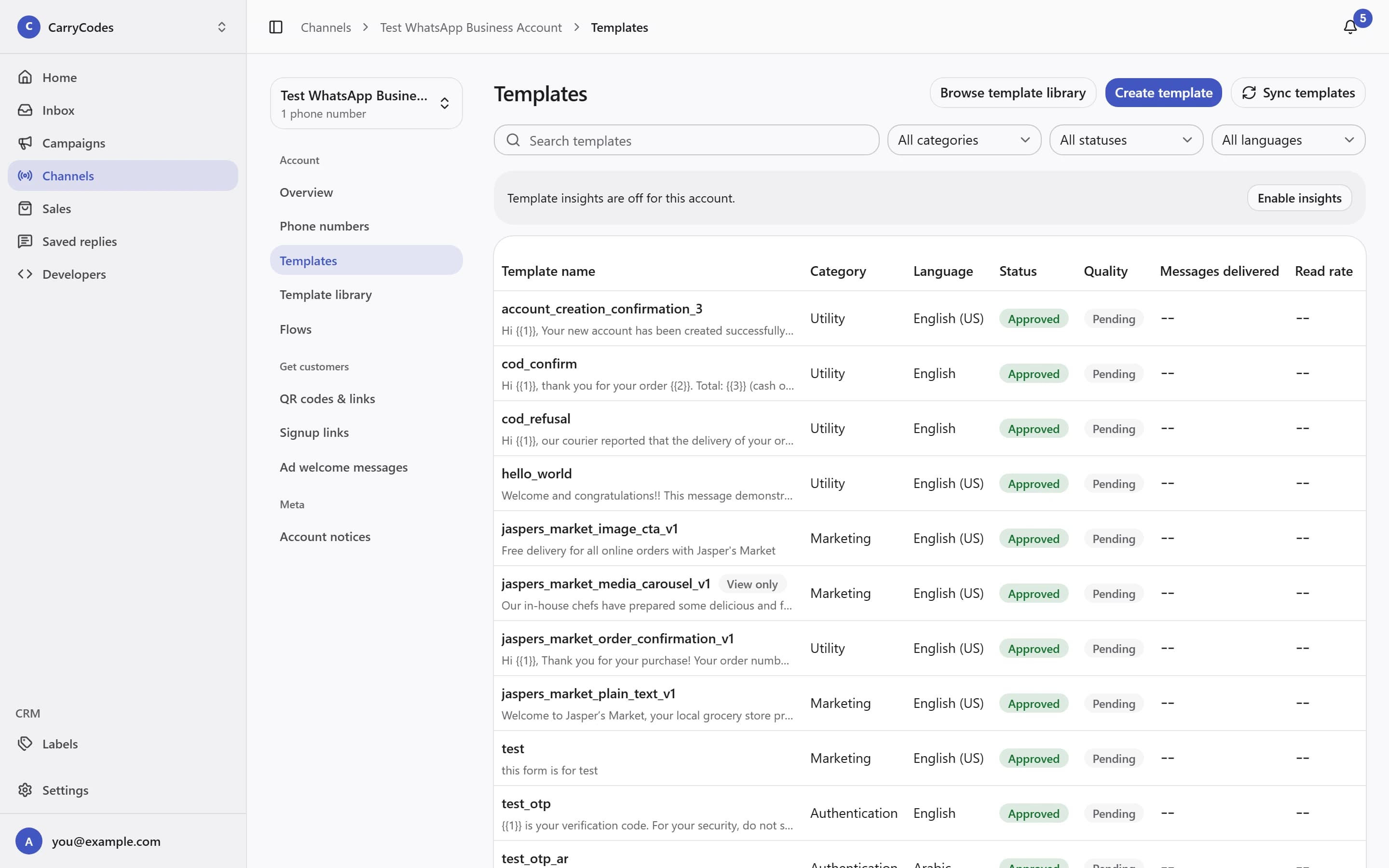 Template library showing categories and review statuses