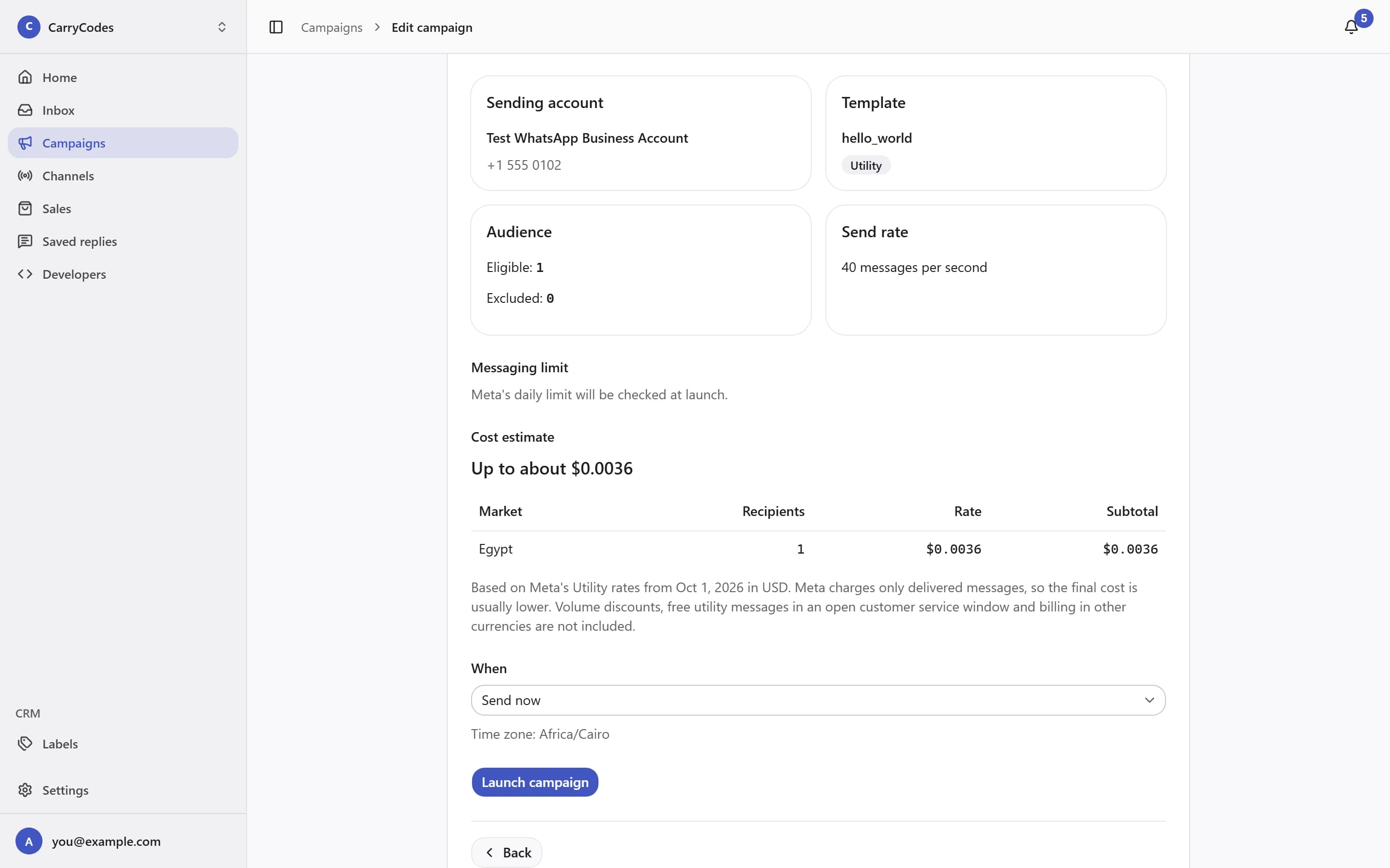 An approved template campaign with variable fallbacks and scheduling controls.