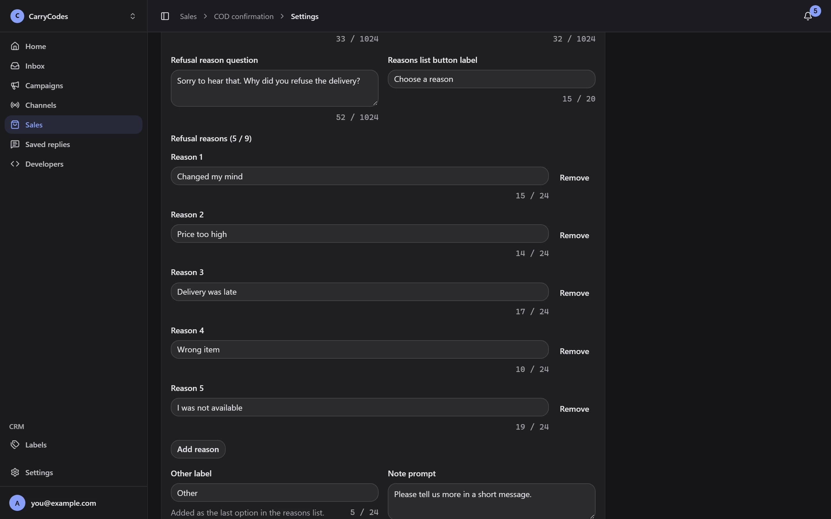 Refusal check settings and configured refusal reasons.