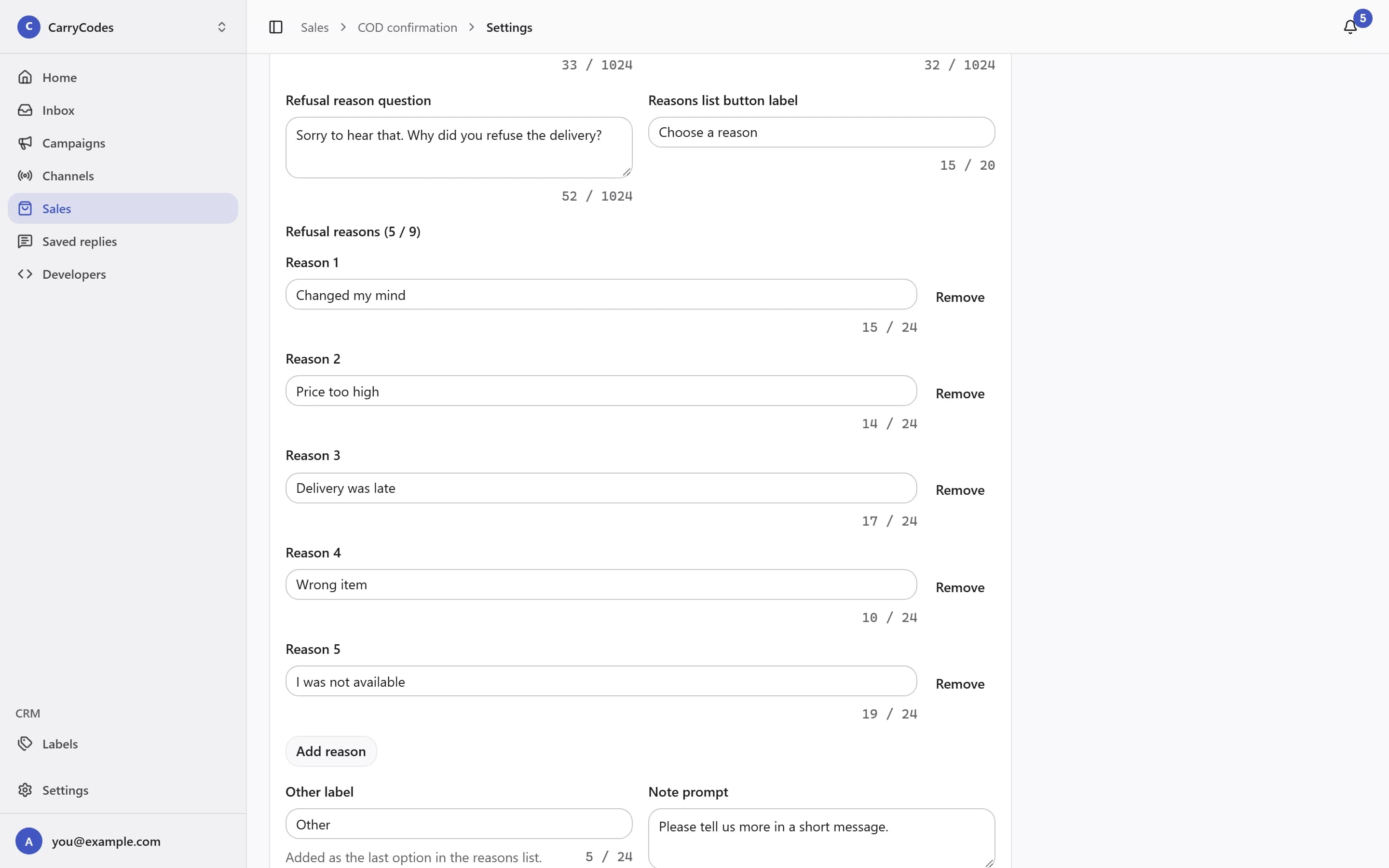 Refusal check settings and configured refusal reasons.
