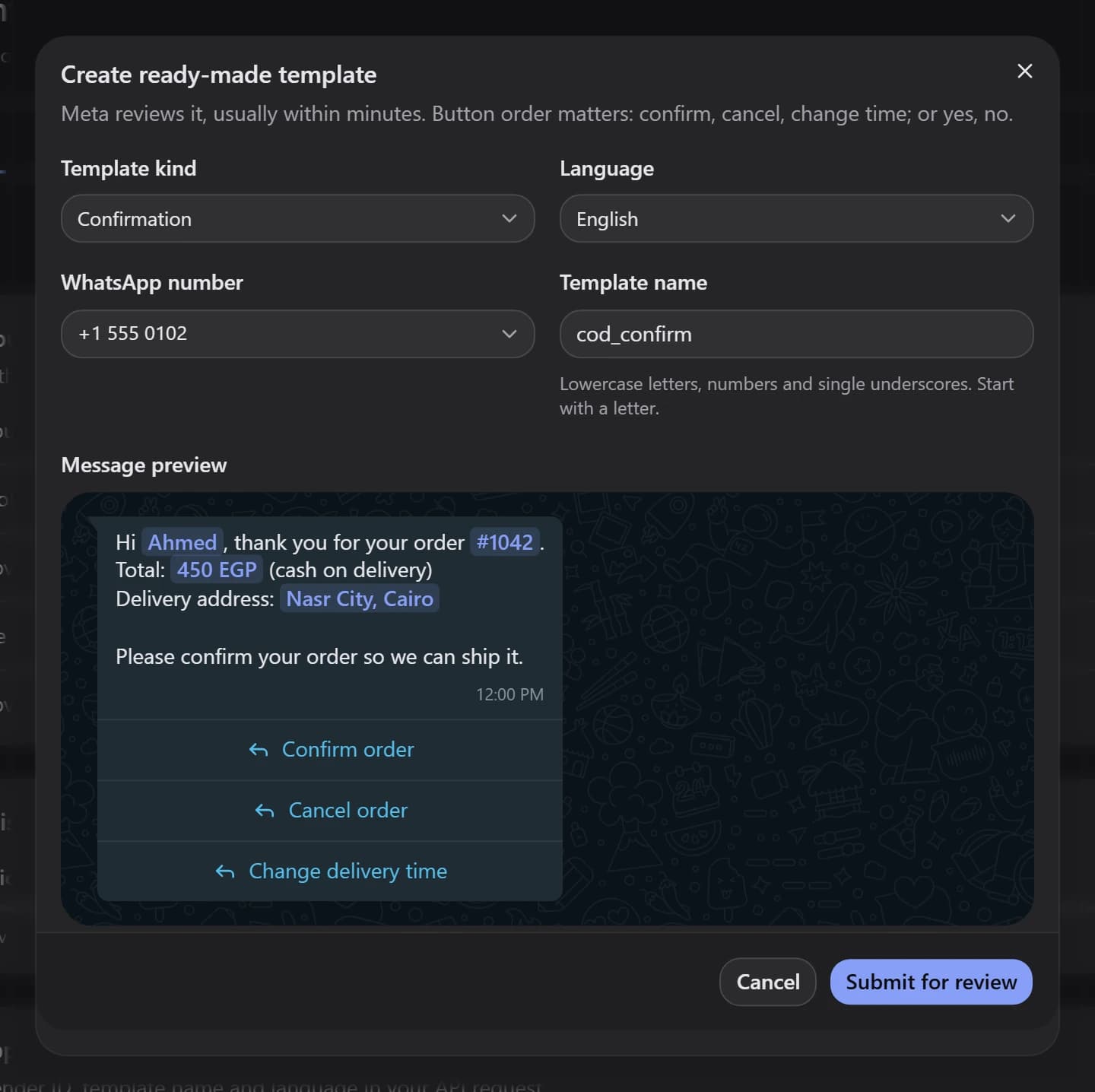 COD confirmation setup showing the confirm, cancel, and change-time choices.