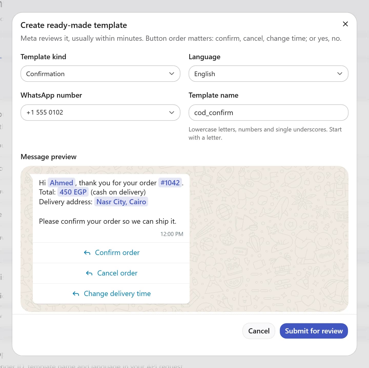 COD confirmation setup showing the confirm, cancel, and change-time choices.