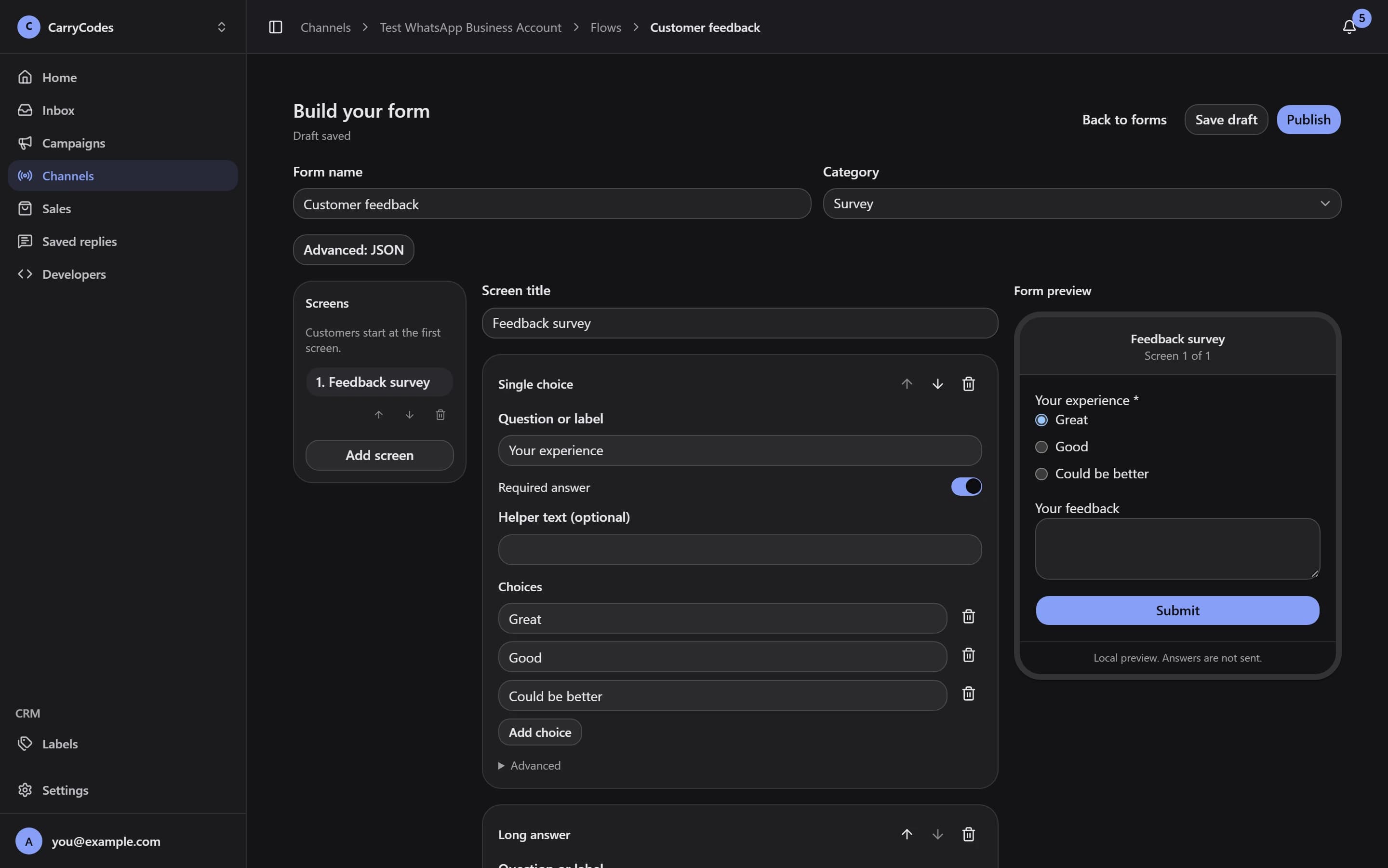 An open Flows form builder with customer-facing form fields.