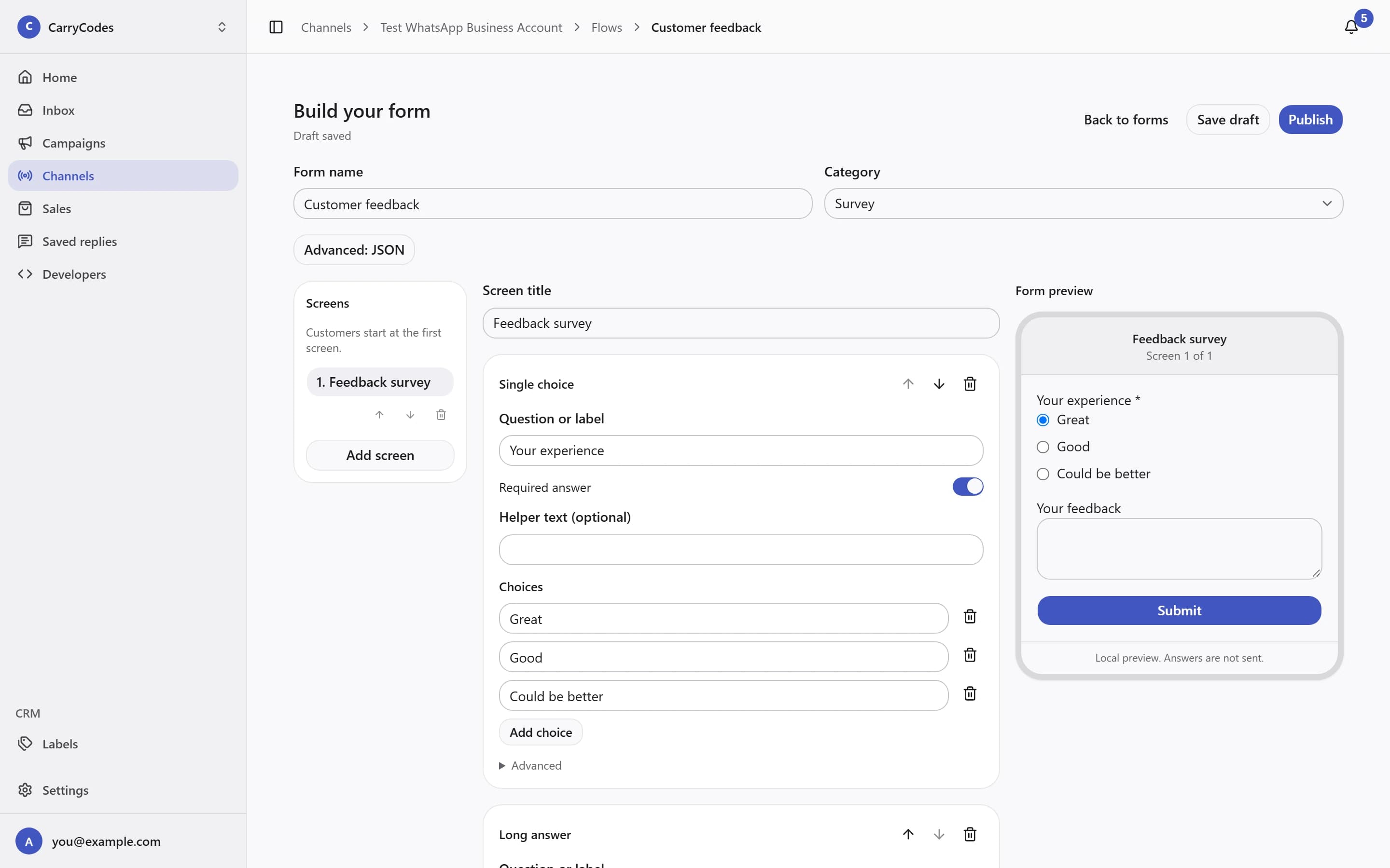 An open Flows form builder with customer-facing form fields.