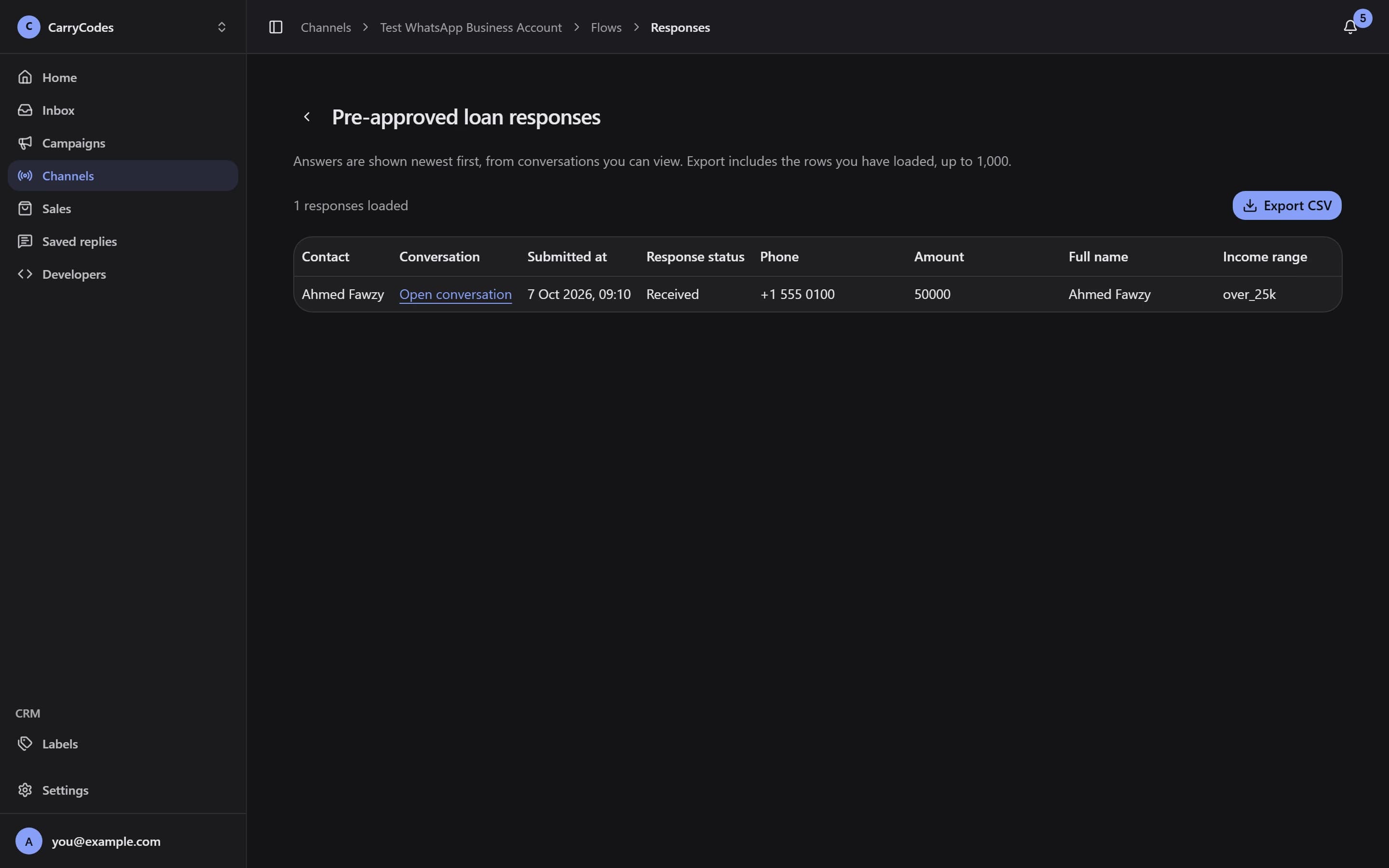 The Flow Responses view and Export CSV control.