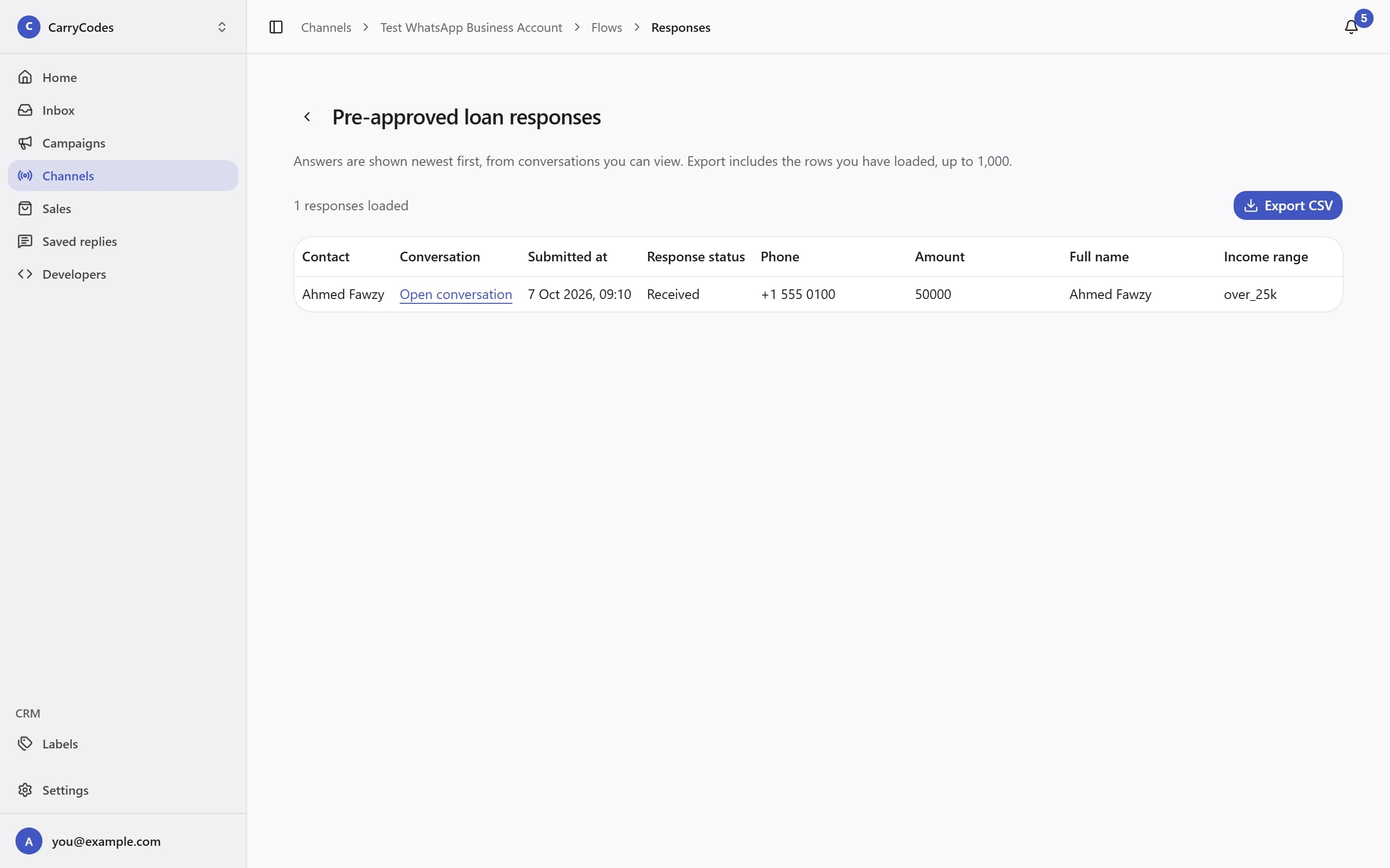 The Flow Responses view and Export CSV control.