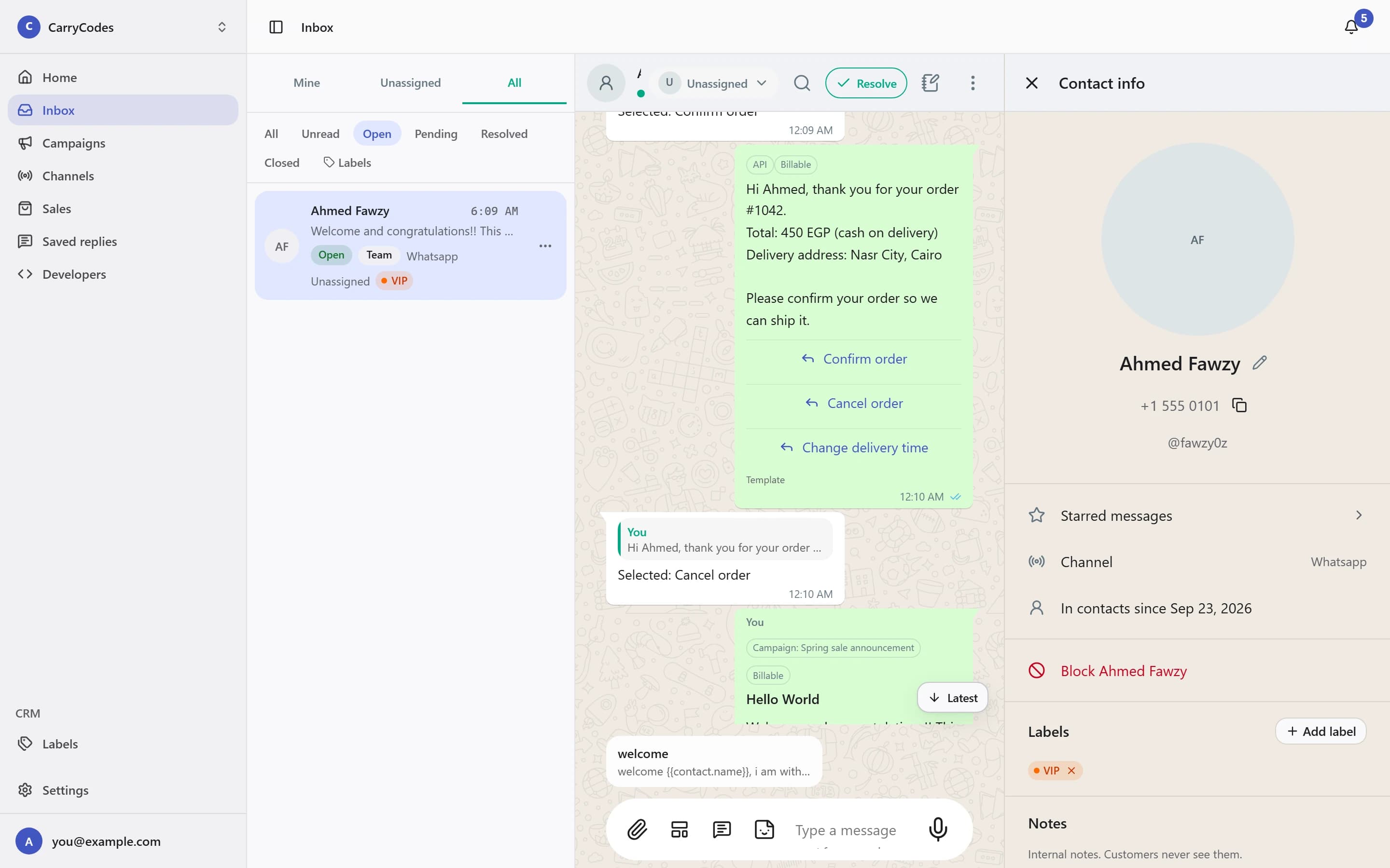 Contact info with shared labels and private contact notes.
